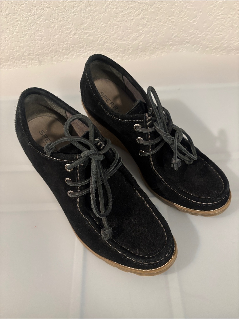 Sperry Black Stella Keel wedge booties SZ 8.5M suede uppers & tan wedge heel
